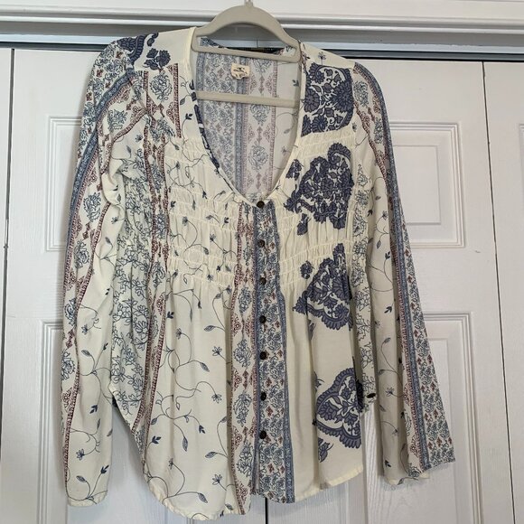 O'Neil Ladies Small Cream and Blue Boho Long Sleeve Top - Picture 1 of 10